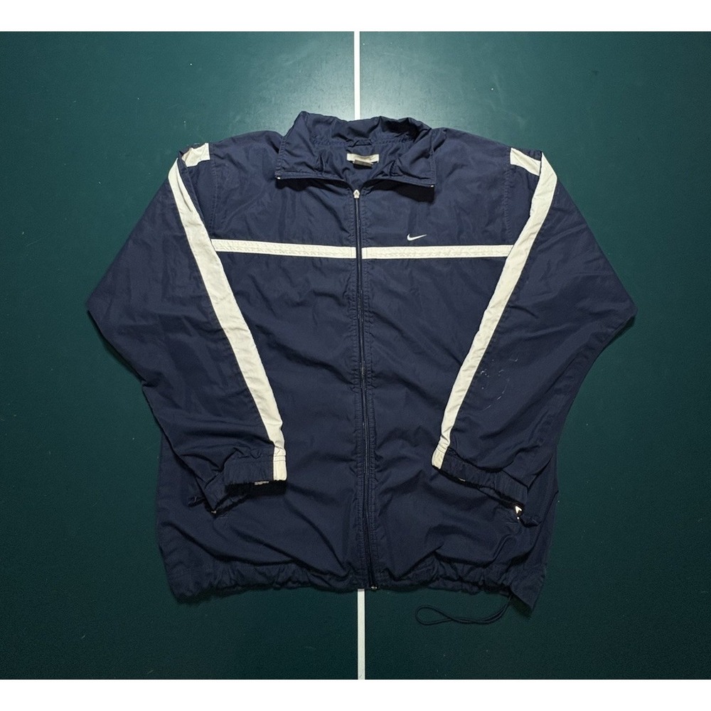 Vintage Nike Windbreaker Jacket Men's Large Navy Blue Striped Lined Full Zip Y2K